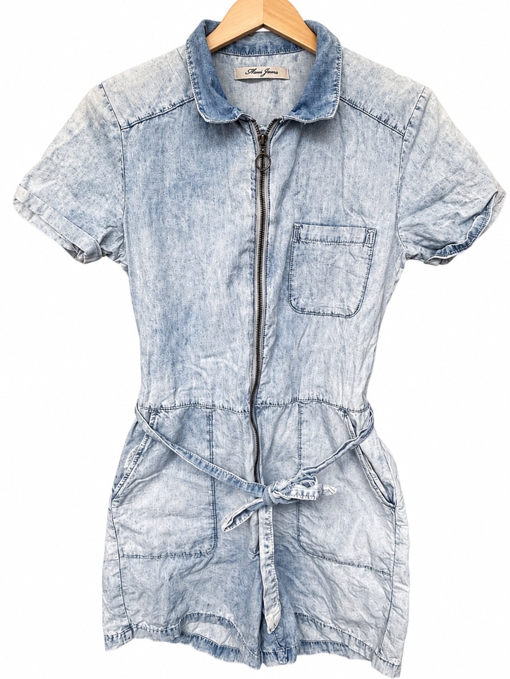 Mavi Jeans Acid Wash Denim Romper Belted Zip Front 100% Cotton Short Sleeve M